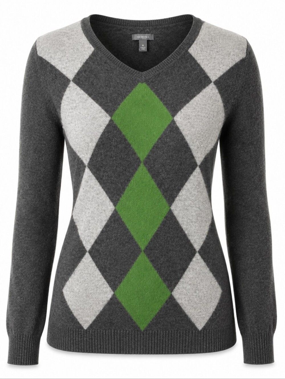 100% Cashmere Women's Pullover Sweater Black Gray Green Argyle Size M Preppy